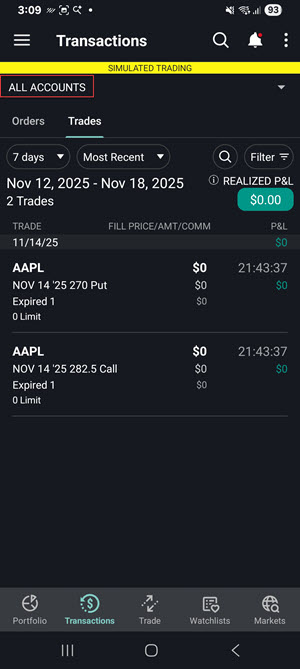 The transactions by account on the android phone